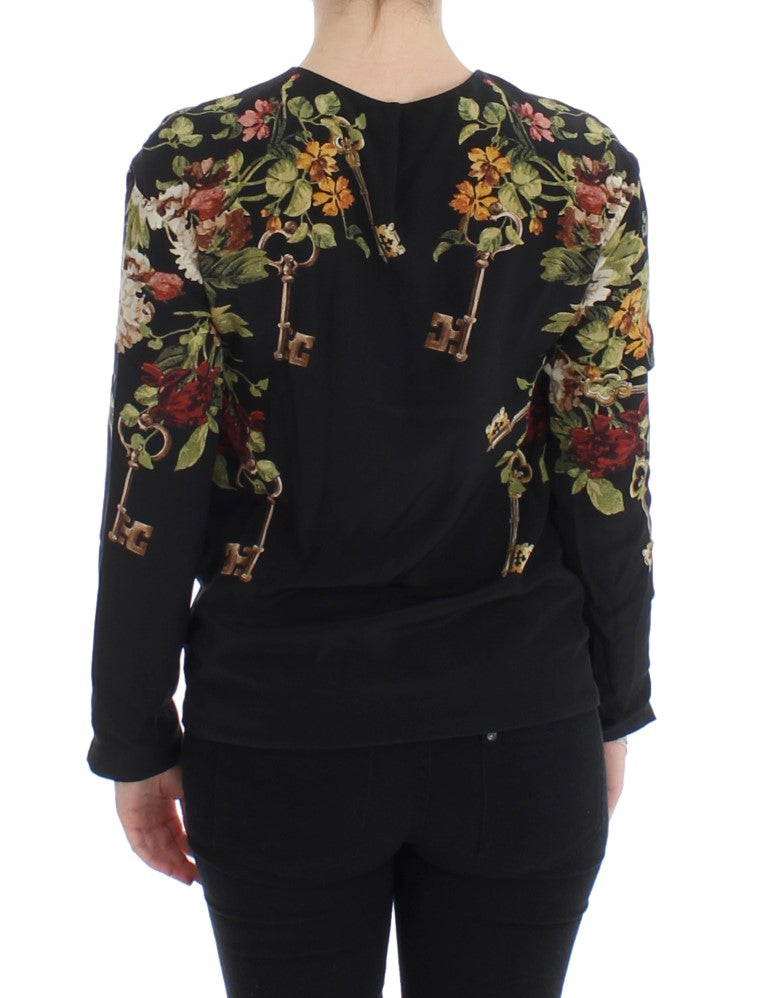 Schwarzes Seidenblusentop mit Blumenmuster