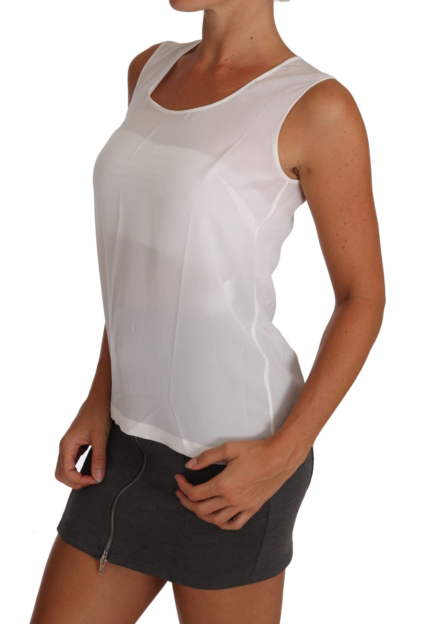 Weißes ärmelloses A-Linien-Bluse-T-Shirt-Oberteil aus Seide