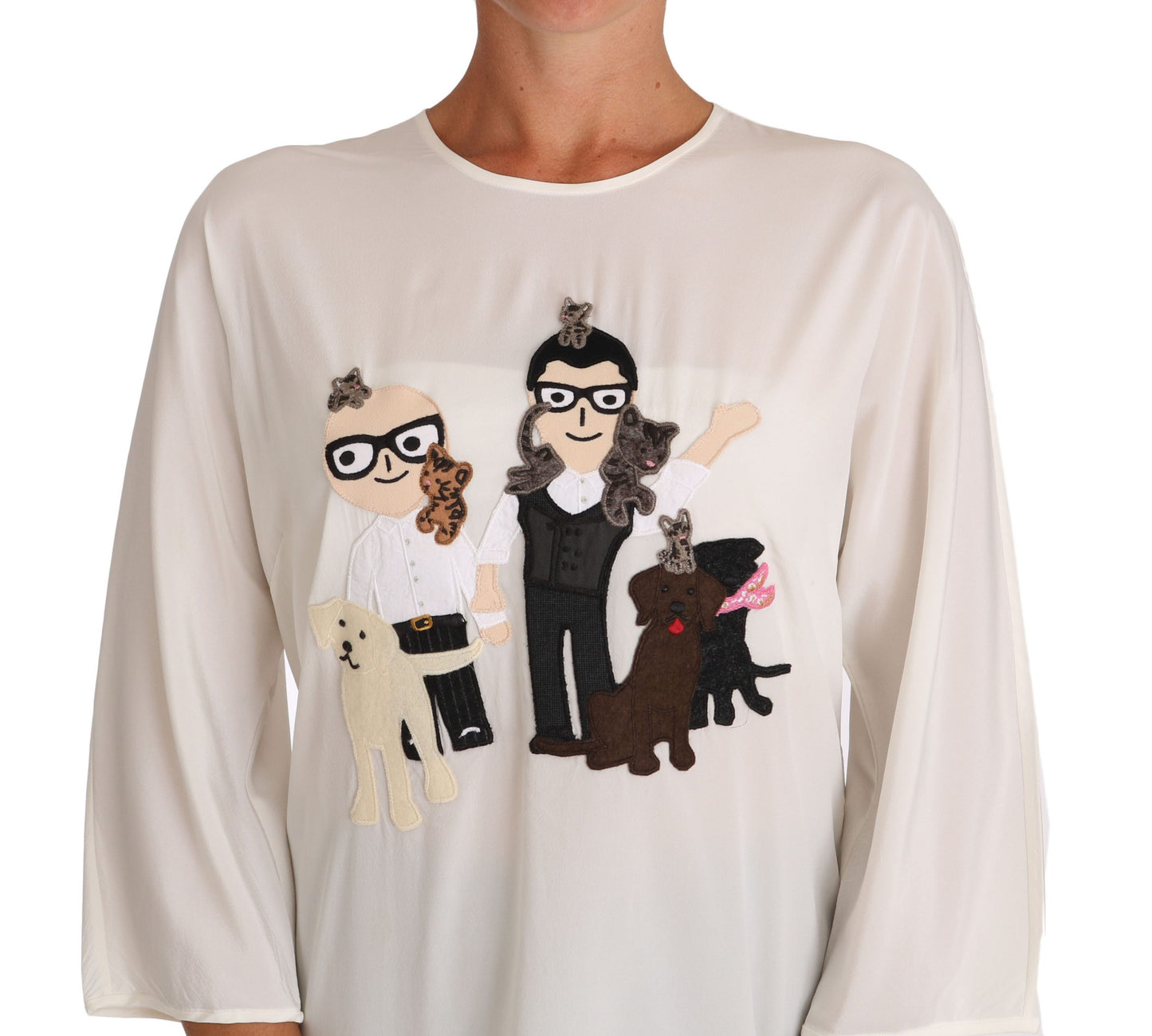 Weißes Seiden-T-Shirt mit #dgfamily-Bluse
