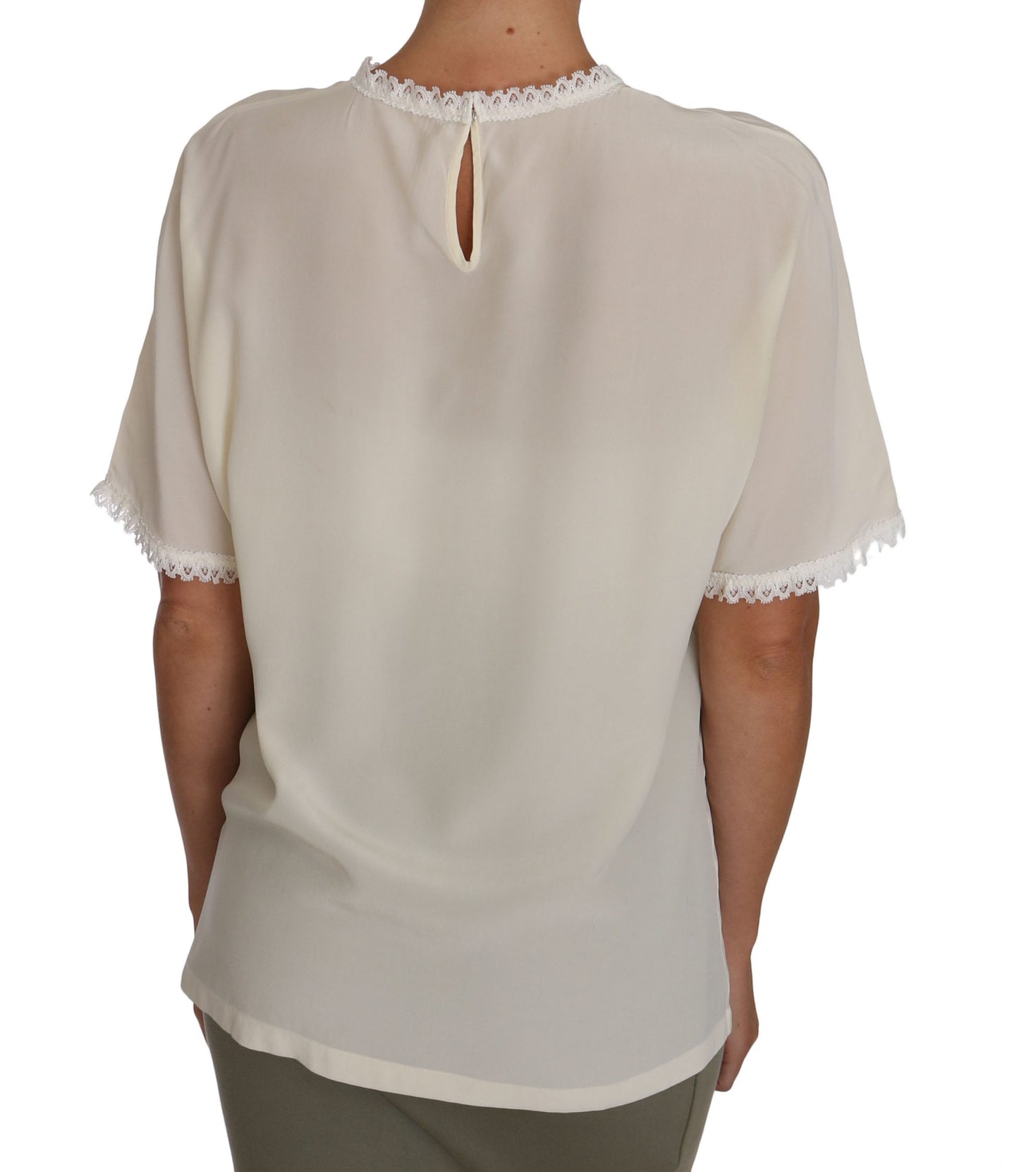 Weißes, cremefarbenes Seidenspitzen-Top, Bluse, T-Shirt