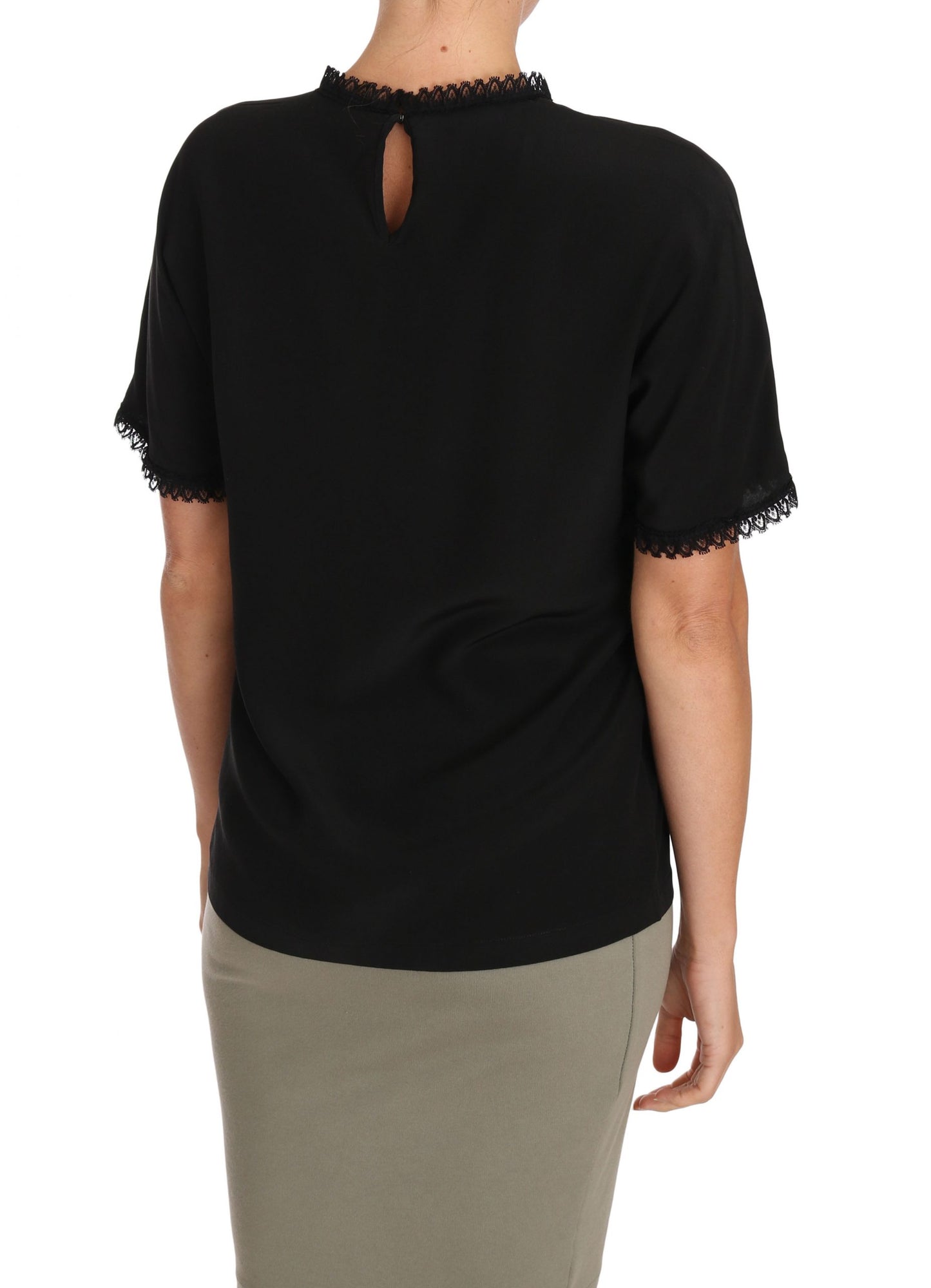 Schwarzes Seidenspitzen-Bluse-T-Shirt
