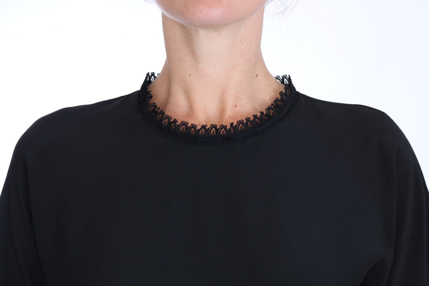Schwarzes Seidenspitzen-Bluse-T-Shirt