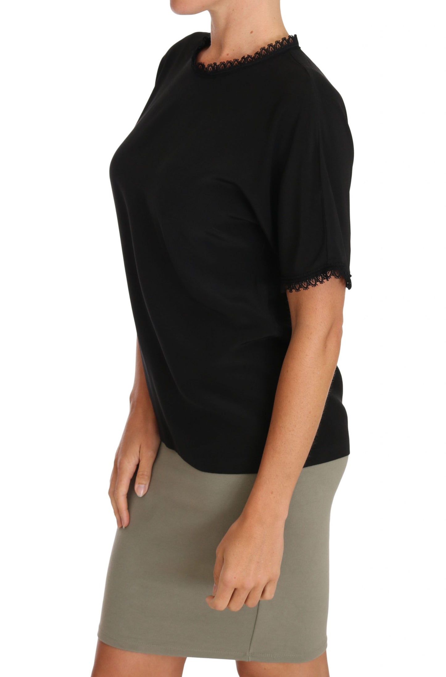 Schwarzes Seidenspitzen-Bluse-T-Shirt