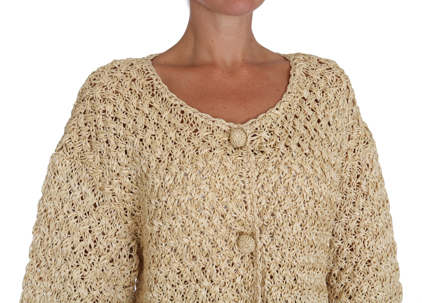 Beige Strickjacke mit Häkelmuster und Raffia-Pullover