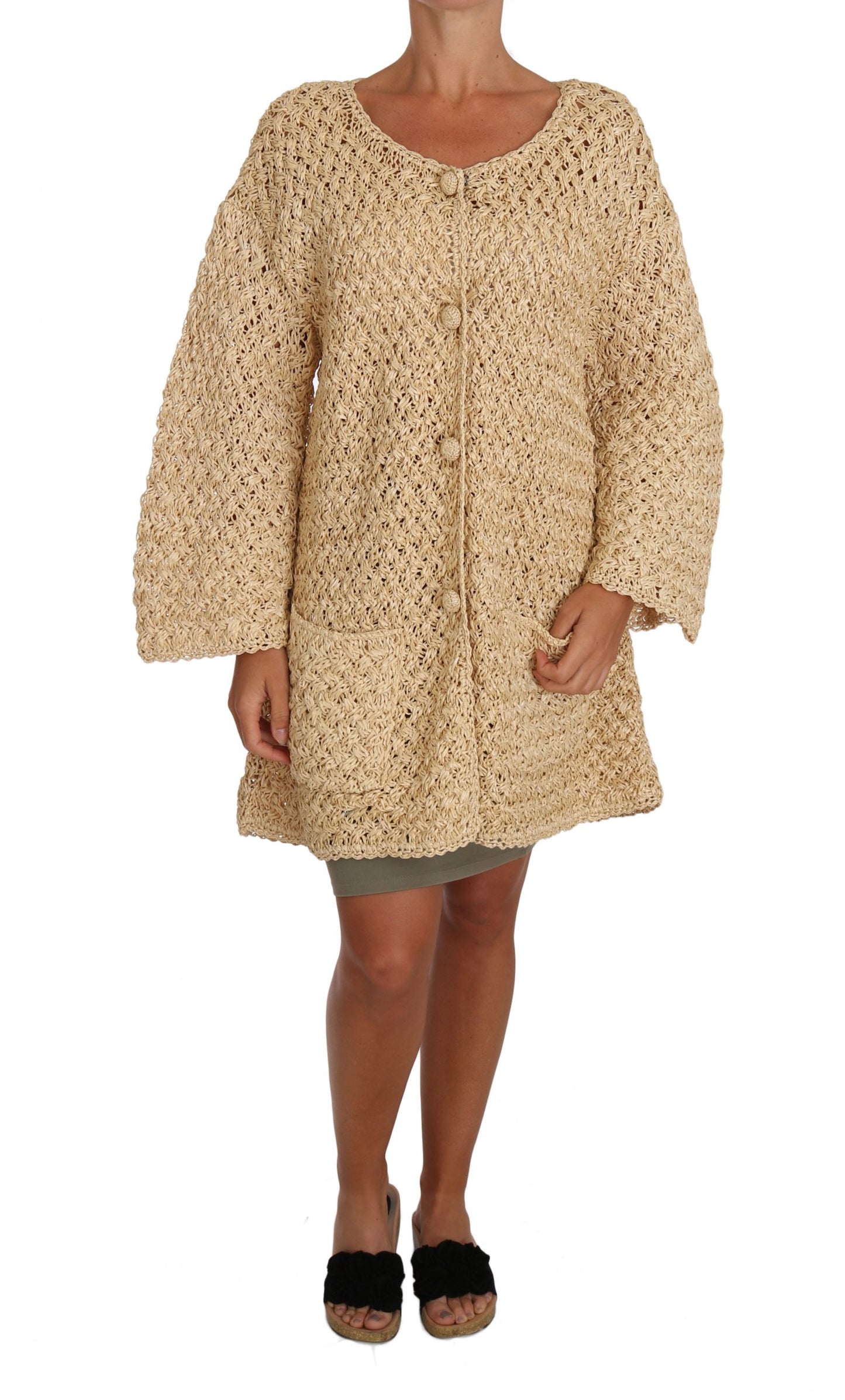 Beige Strickjacke mit Häkelmuster und Raffia-Pullover
