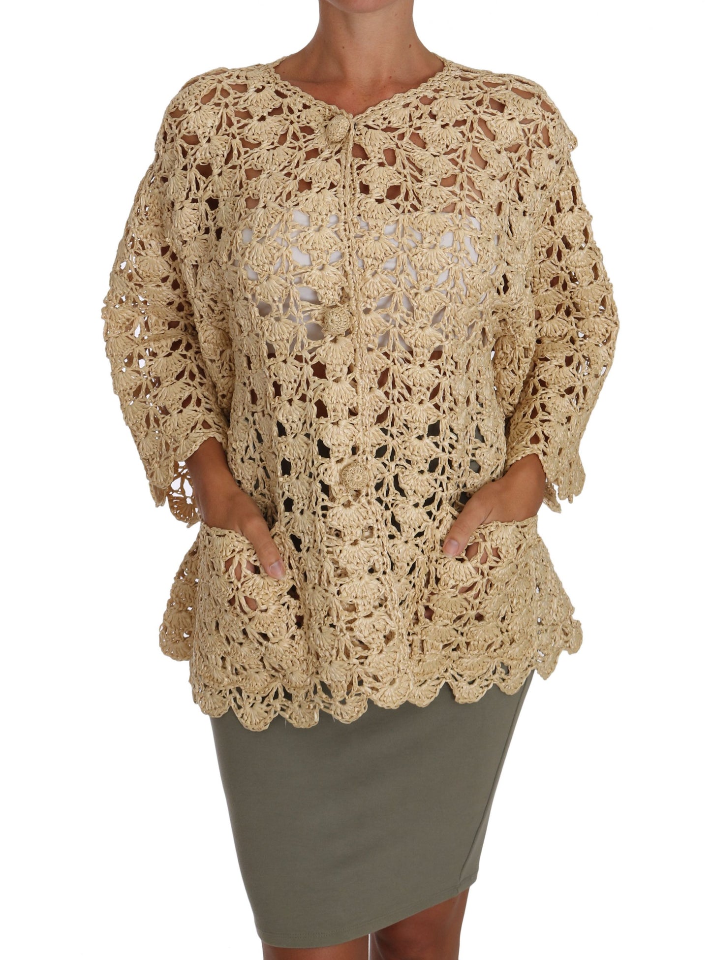Beige Strickjacke mit Häkelmuster und Raffia-Pullover