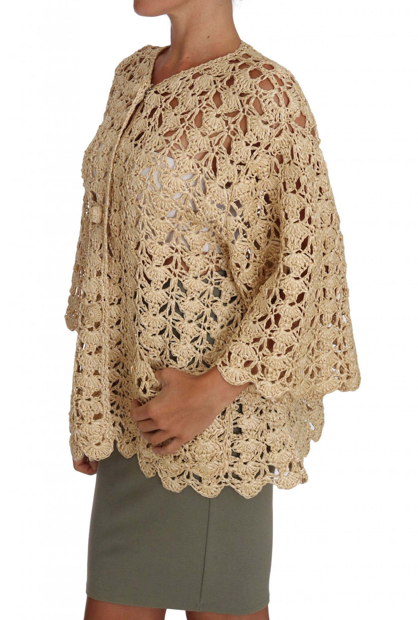 Beige Strickjacke mit Häkelmuster und Raffia-Pullover