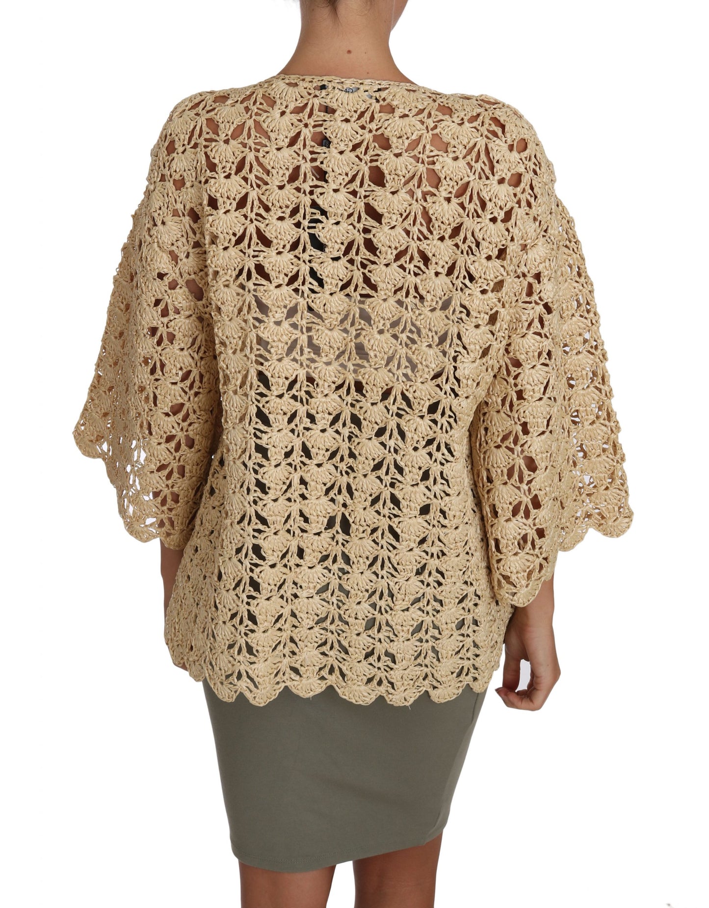 Beige Strickjacke mit Häkelmuster und Raffia-Pullover