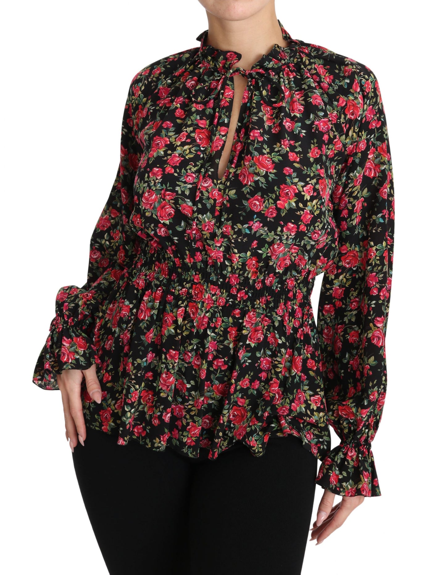 Schwarze Bluse mit Blumenmuster und Rosenmuster
