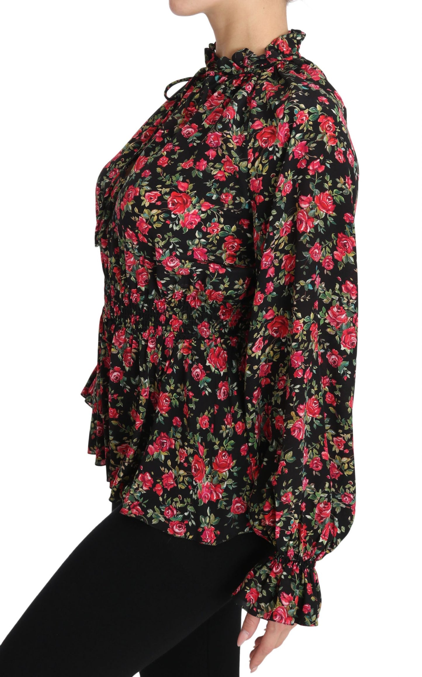 Schwarze Bluse mit Blumenmuster und Rosenmuster