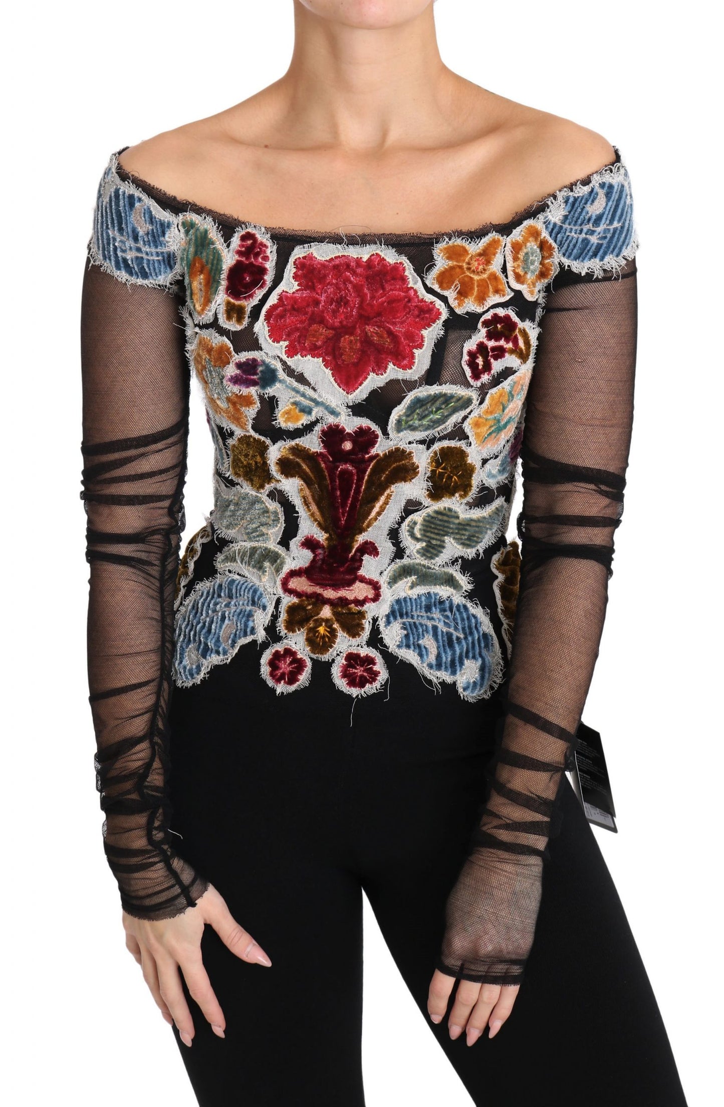 Schwarzes Ricamo-Top mit Blumenmuster, T-Shirt-Bluse