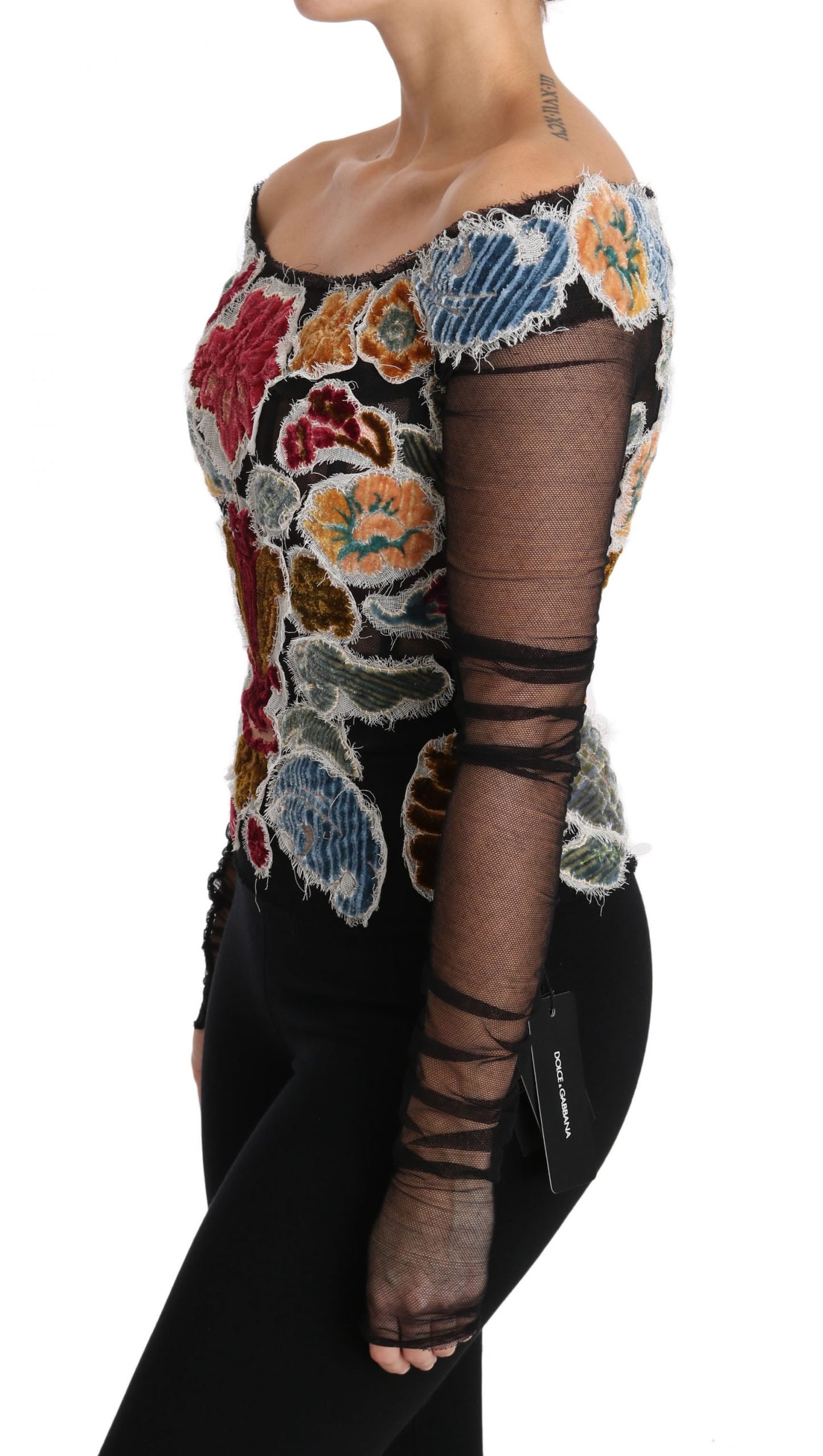 Schwarzes Ricamo-Top mit Blumenmuster, T-Shirt-Bluse
