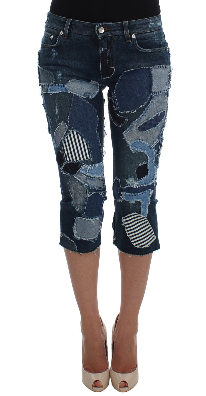 Blaue Stretch-Jeansshorts mit Patchwork-Muster