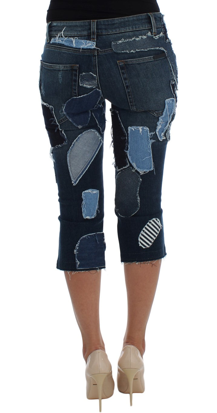Blaue Stretch-Jeansshorts mit Patchwork-Muster