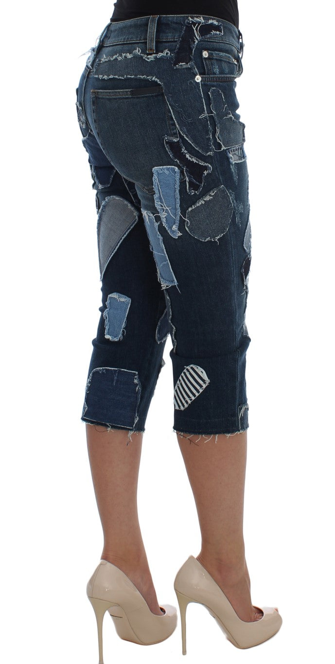 Blaue Stretch-Jeansshorts mit Patchwork-Muster