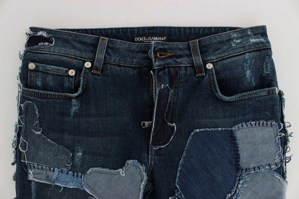 Blaue Stretch-Jeansshorts mit Patchwork-Muster