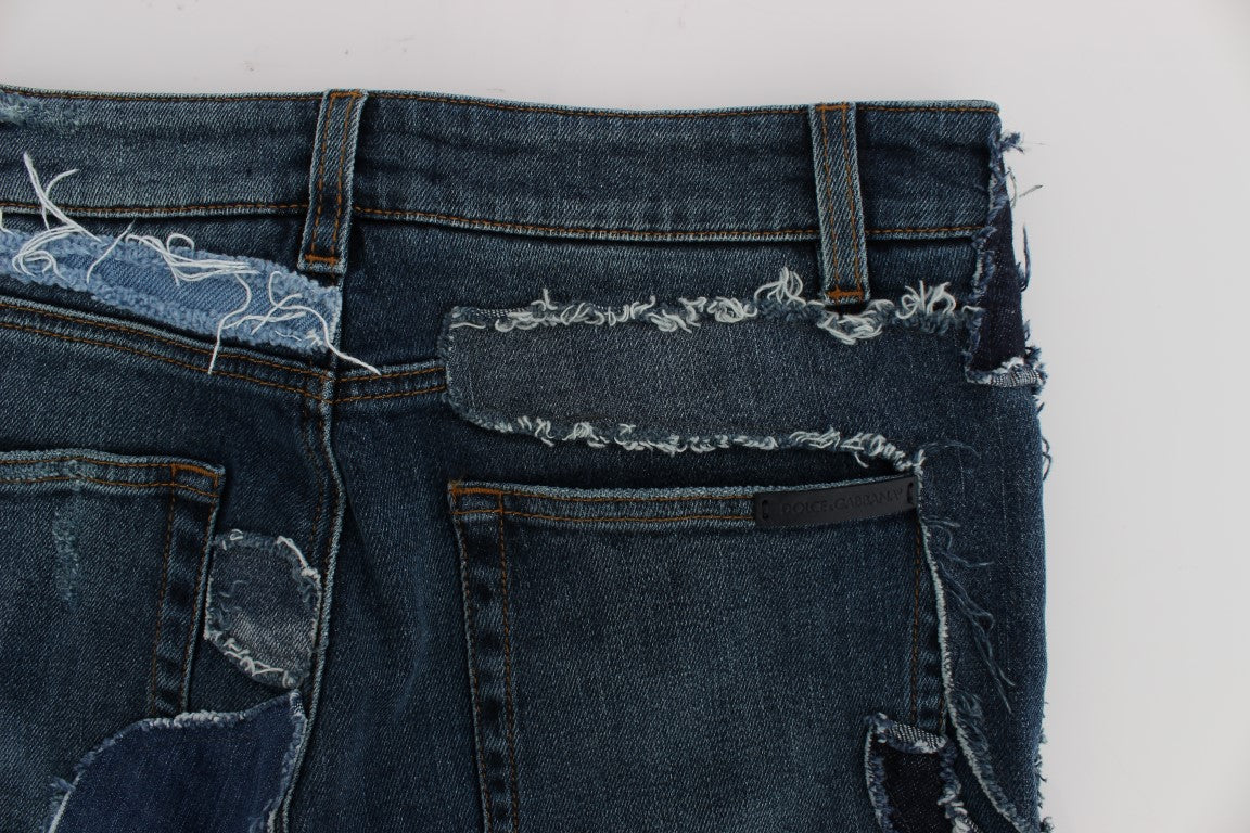 Blaue Stretch-Jeansshorts mit Patchwork-Muster
