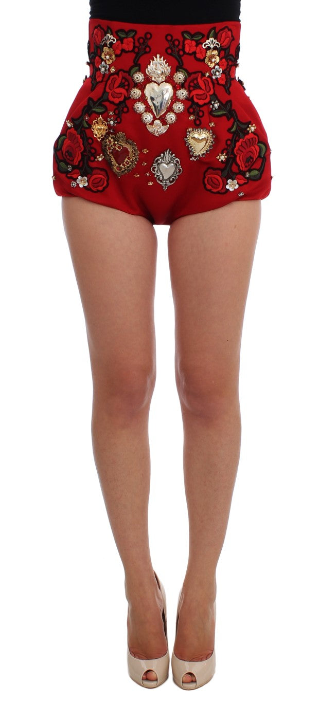 Rote Shorts aus Seide mit Kristallrosen