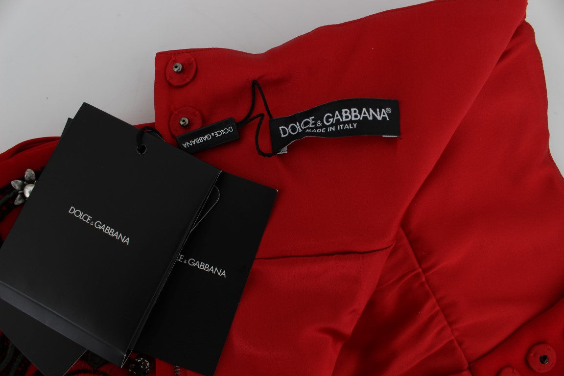 Rote Shorts aus Seide mit Kristallrosen