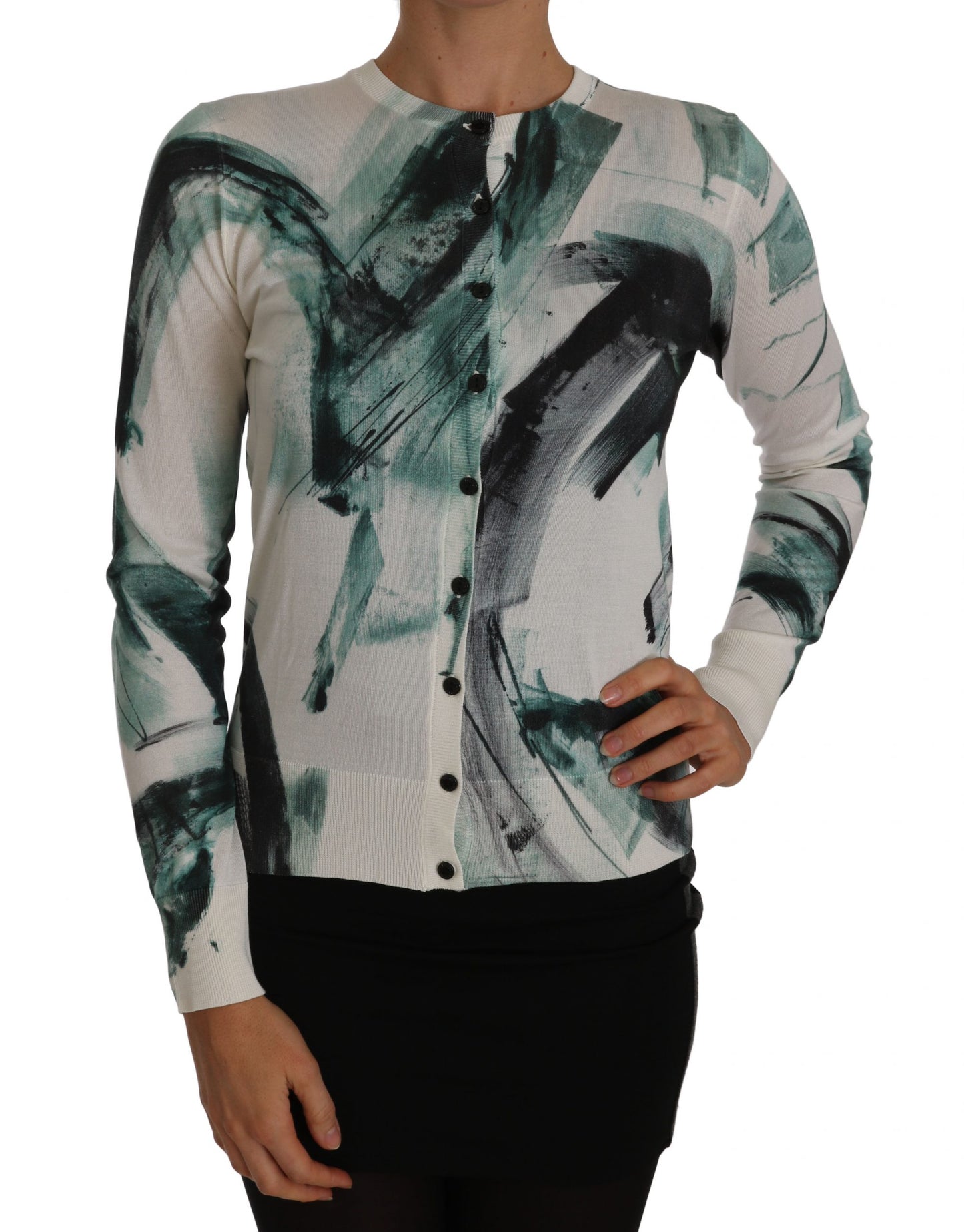 Weißer Seidencardigan, leichter Pullover mit Farbstrichen