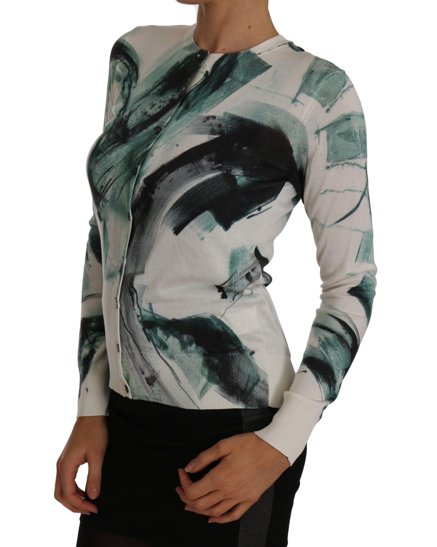 Weißer Seidencardigan, leichter Pullover mit Farbstrichen