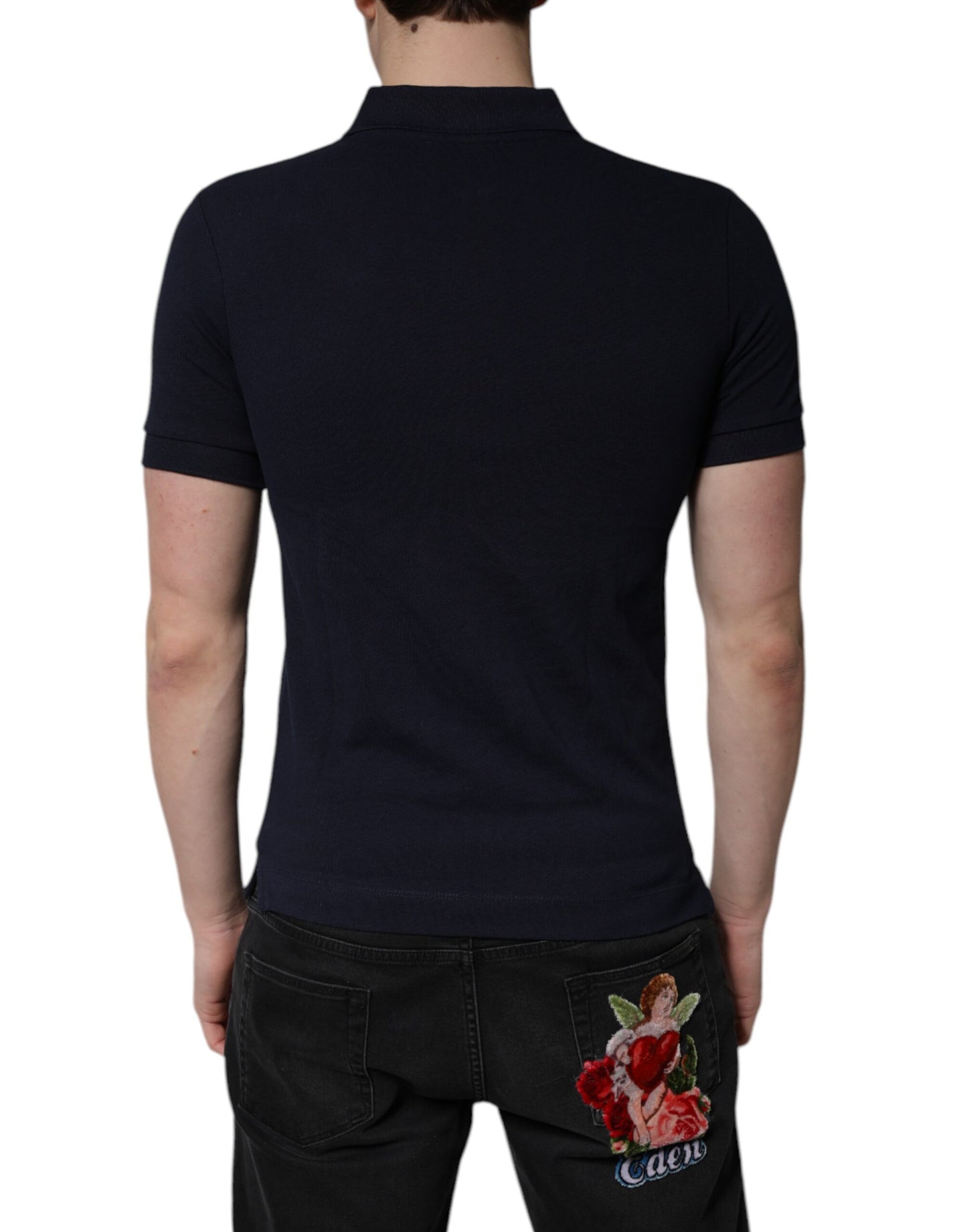 Dunkelblaues Polo-T-Shirt aus Baumwolle mit Kronenkragen