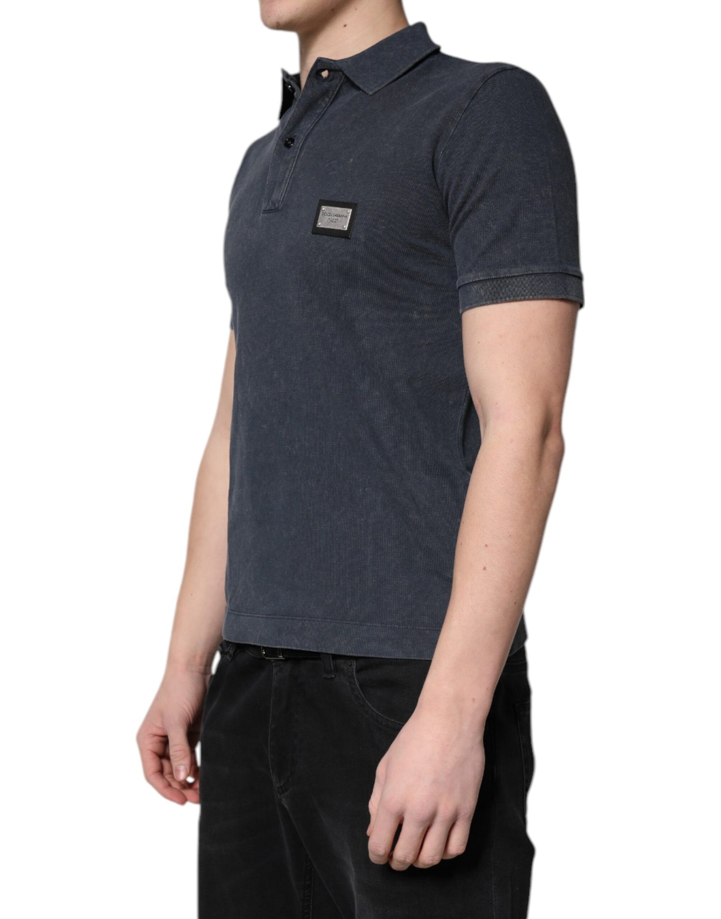 Dunkelblaues Poloshirt aus Baumwolle mit Logo-Plakette für Herren