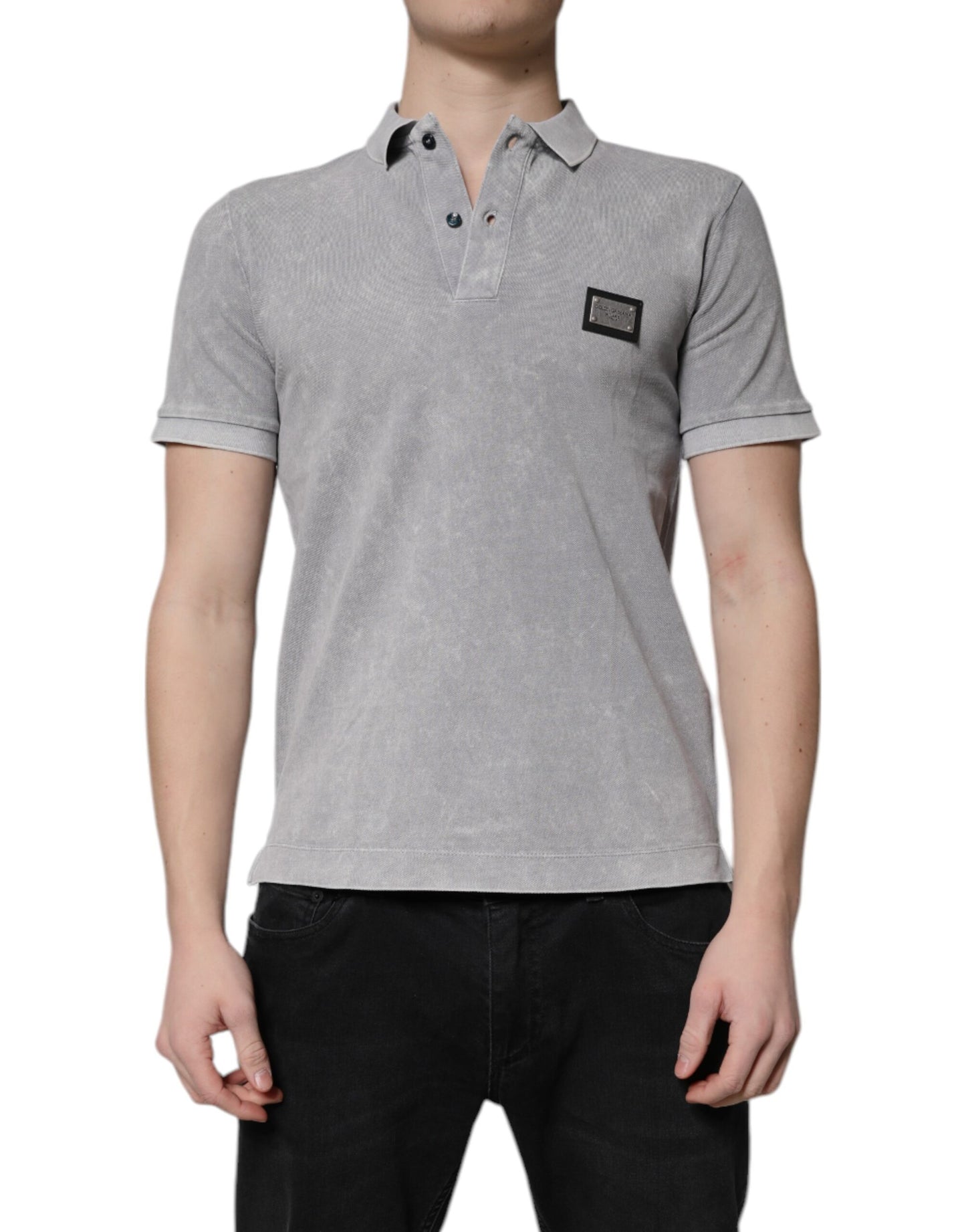 Graues Poloshirt aus Baumwolle mit Logo-Plakette für Herren