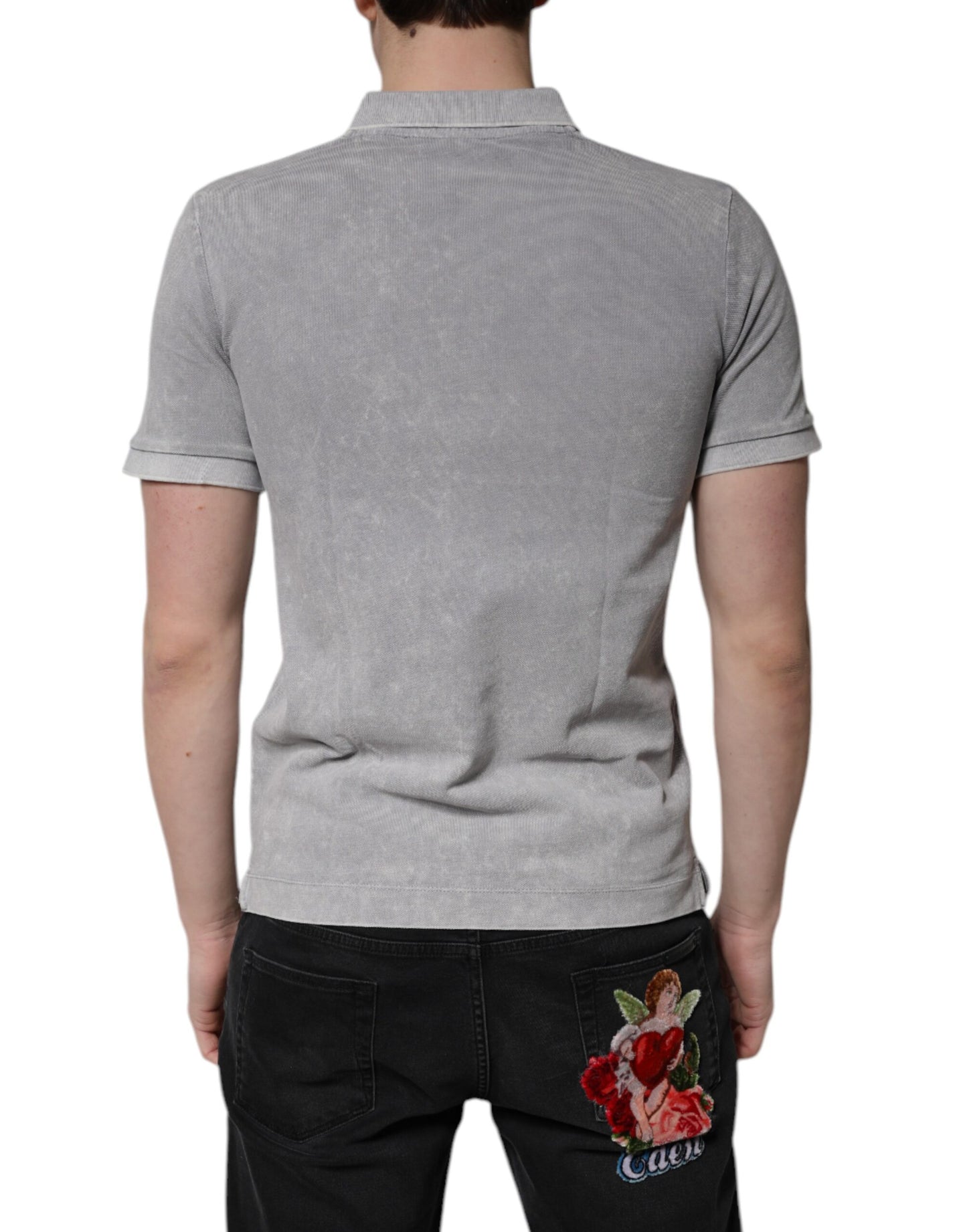 Graues Poloshirt aus Baumwolle mit Logo-Plakette für Herren
