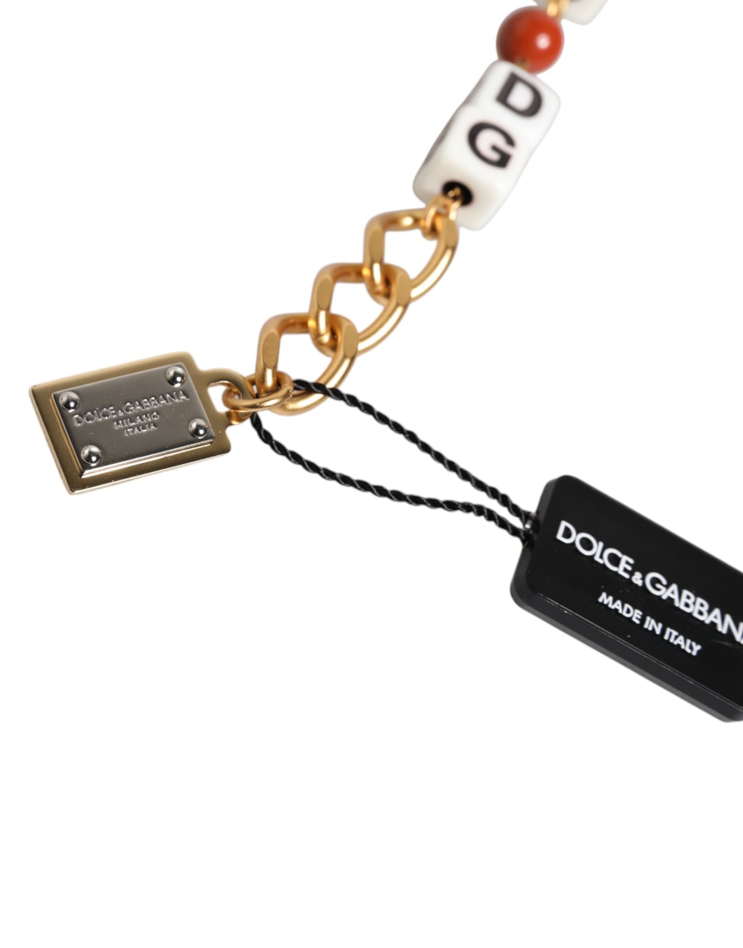 Mehrfarbiges, goldfarbenes Messingkettenarmband mit DG-Logo und Würfeln