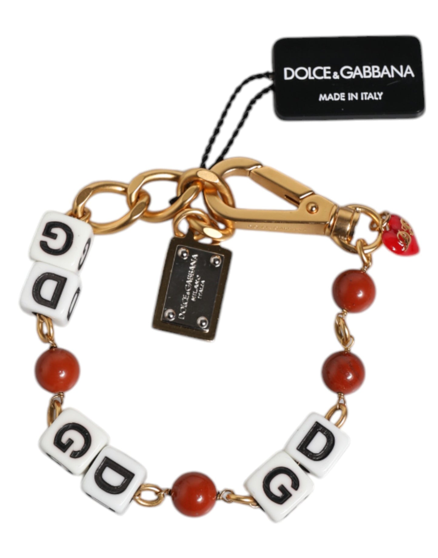 Mehrfarbiges, goldfarbenes Messingkettenarmband mit DG-Logo und Würfeln