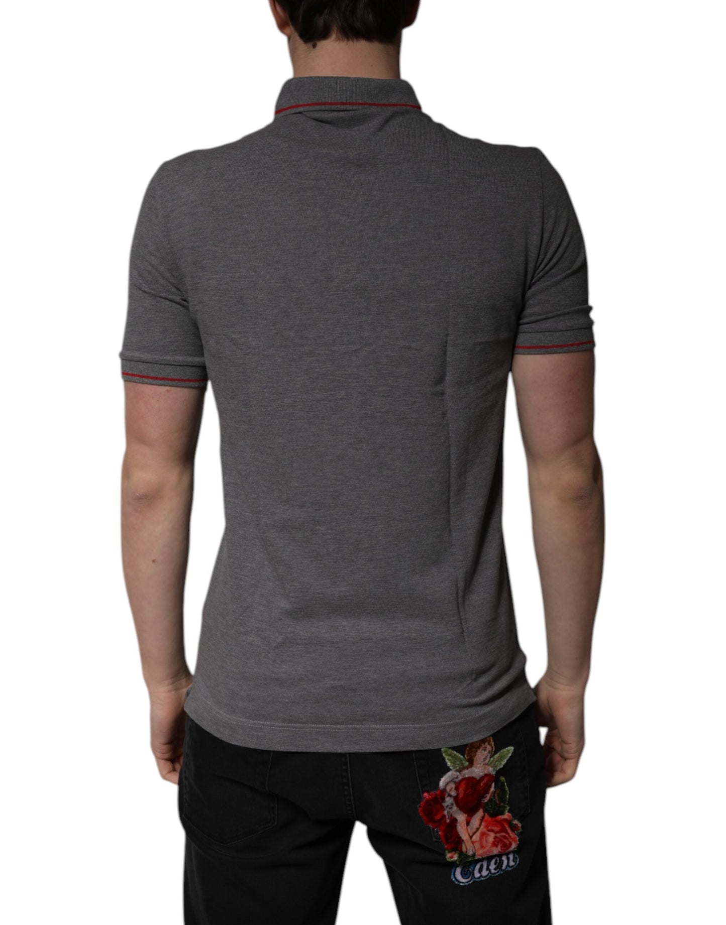 Graues Polo-T-Shirt aus Baumwolle mit Kronenkragen