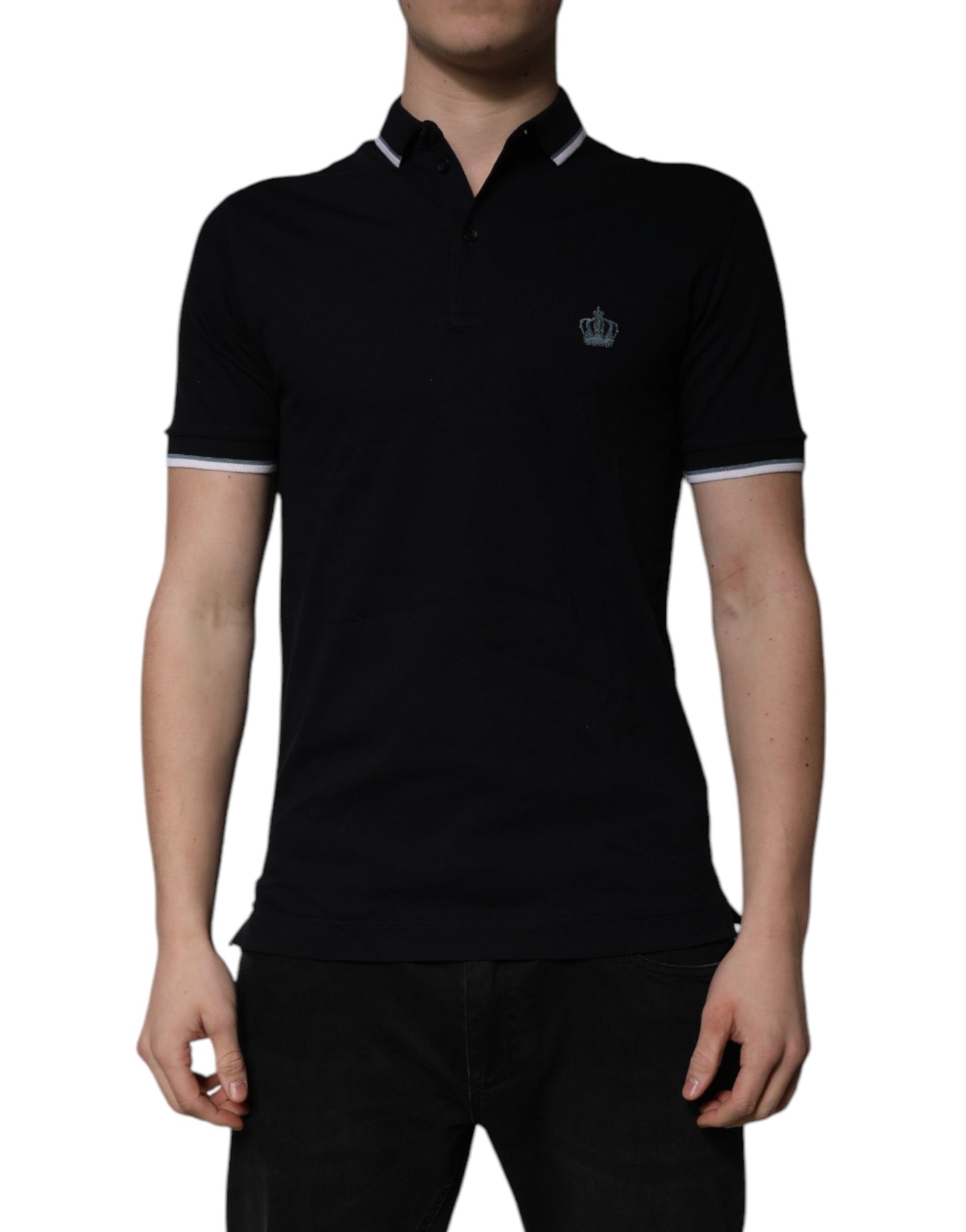 Schwarzes Polo-T-Shirt aus Baumwolle mit Kronenkragen