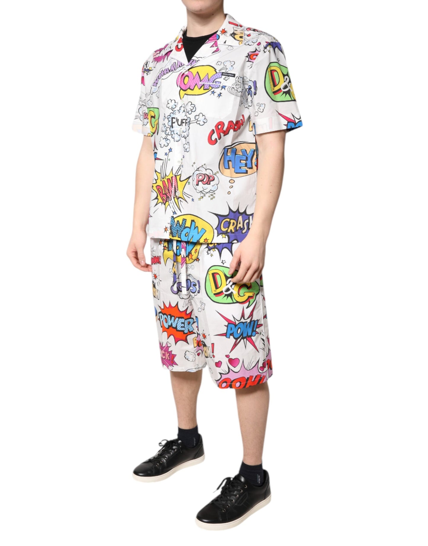 Weißes Pyjama-Set aus Baumwolle mit Cartoon-Print für Herren