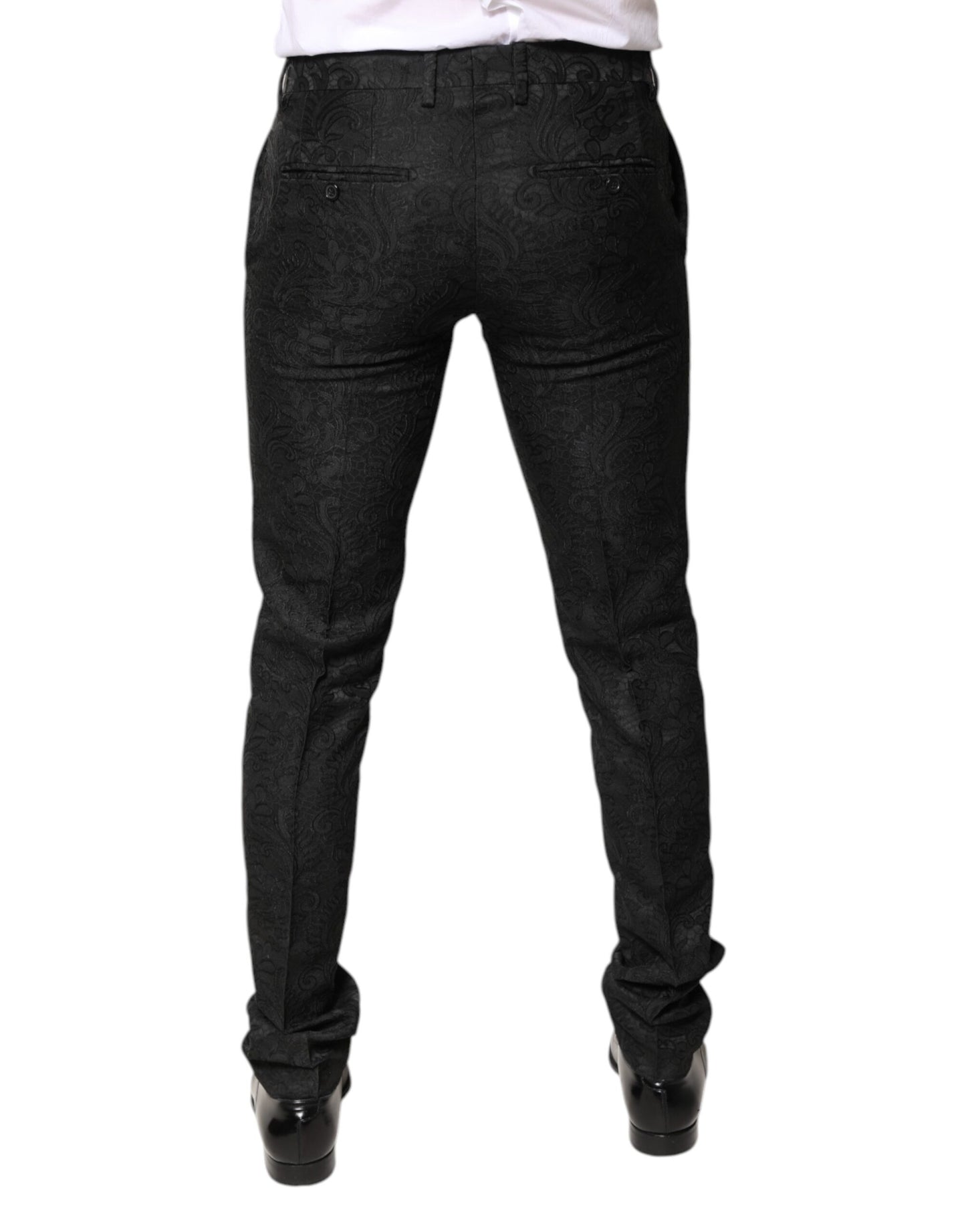 Schwarze Jacquard-Anzughose mit mittelhohem Bund und Blumenmuster