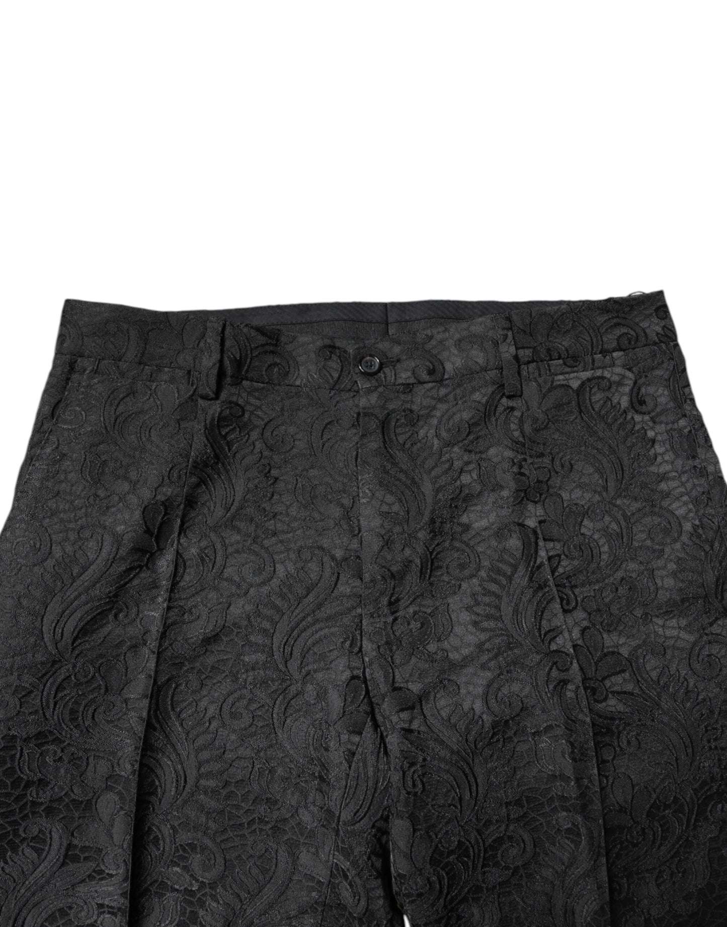 Schwarze Jacquard-Anzughose mit mittelhohem Bund und Blumenmuster