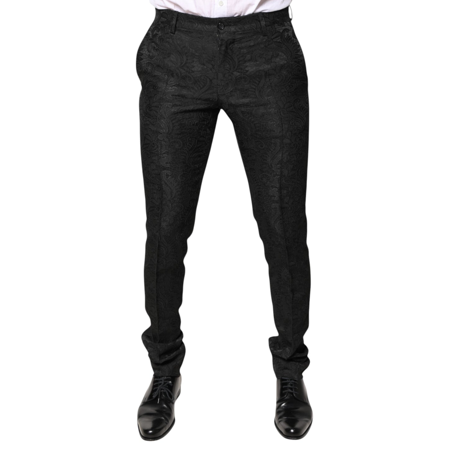 Schwarze Jacquard-Anzughose mit mittelhohem Bund und Blumenmuster