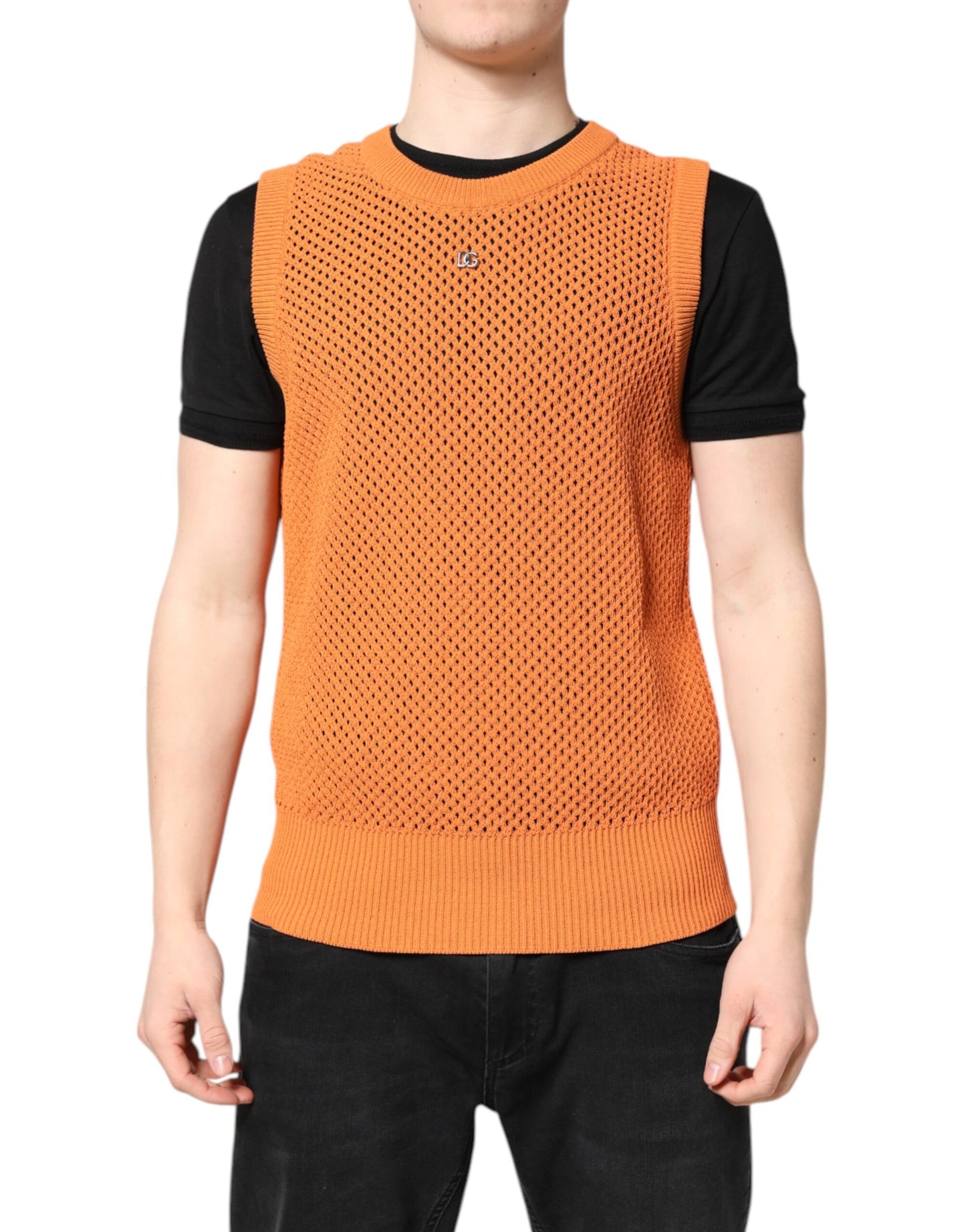 Orangefarbenes ärmelloses T-Shirt aus Kaschmir mit Rundhalsausschnitt