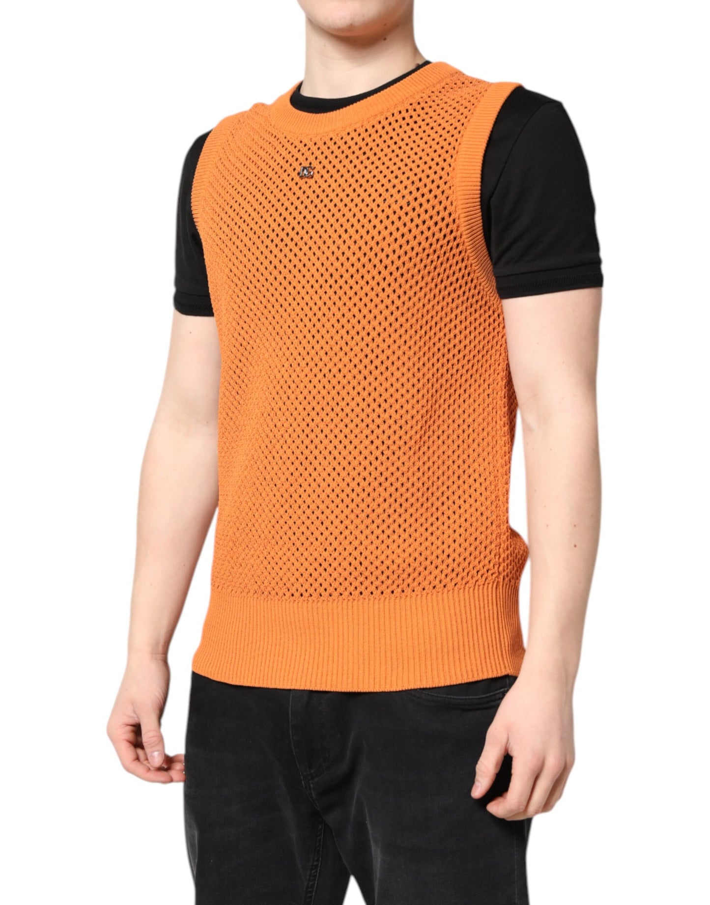 Orangefarbenes ärmelloses T-Shirt aus Kaschmir mit Rundhalsausschnitt