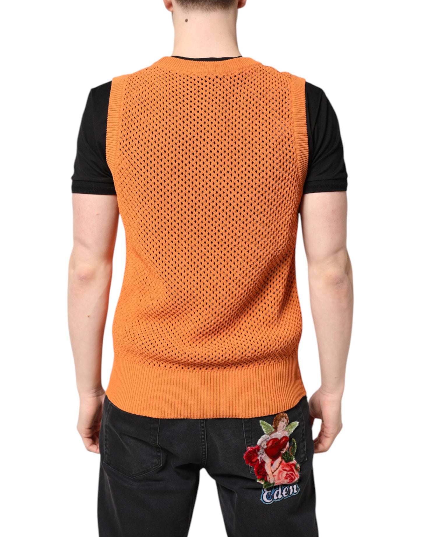 Orangefarbenes ärmelloses T-Shirt aus Kaschmir mit Rundhalsausschnitt