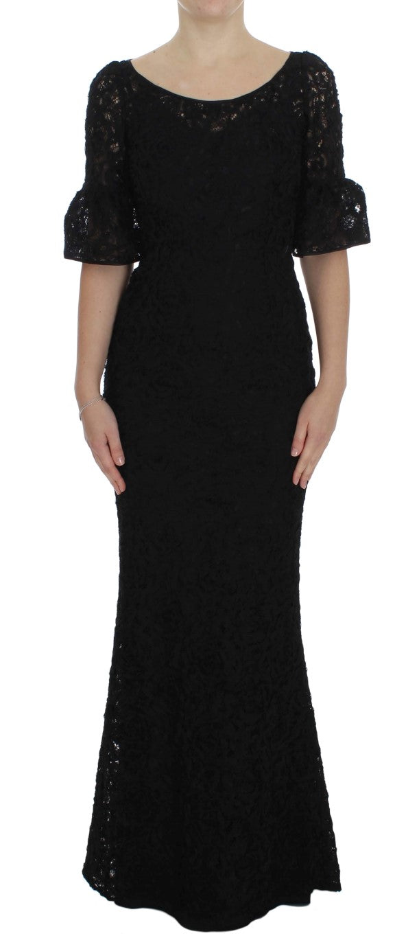 Schwarzes, langes, figurbetontes Maxikleid aus geblümter Spitze