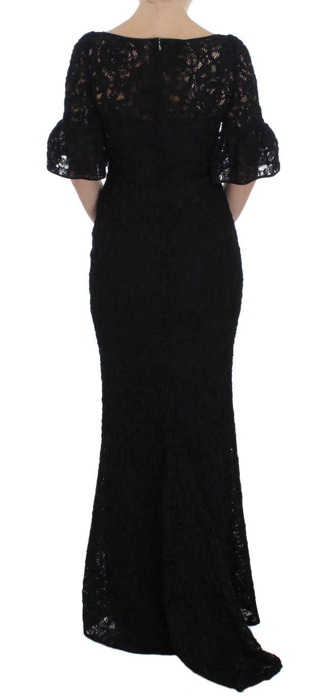 Schwarzes, langes, figurbetontes Maxikleid aus geblümter Spitze