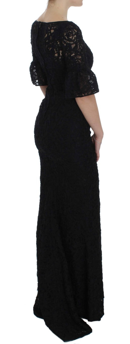Schwarzes, langes, figurbetontes Maxikleid aus geblümter Spitze