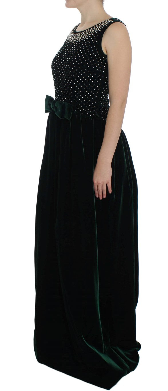 Grünes, langes Maxikleid aus Samt mit Kristallen
