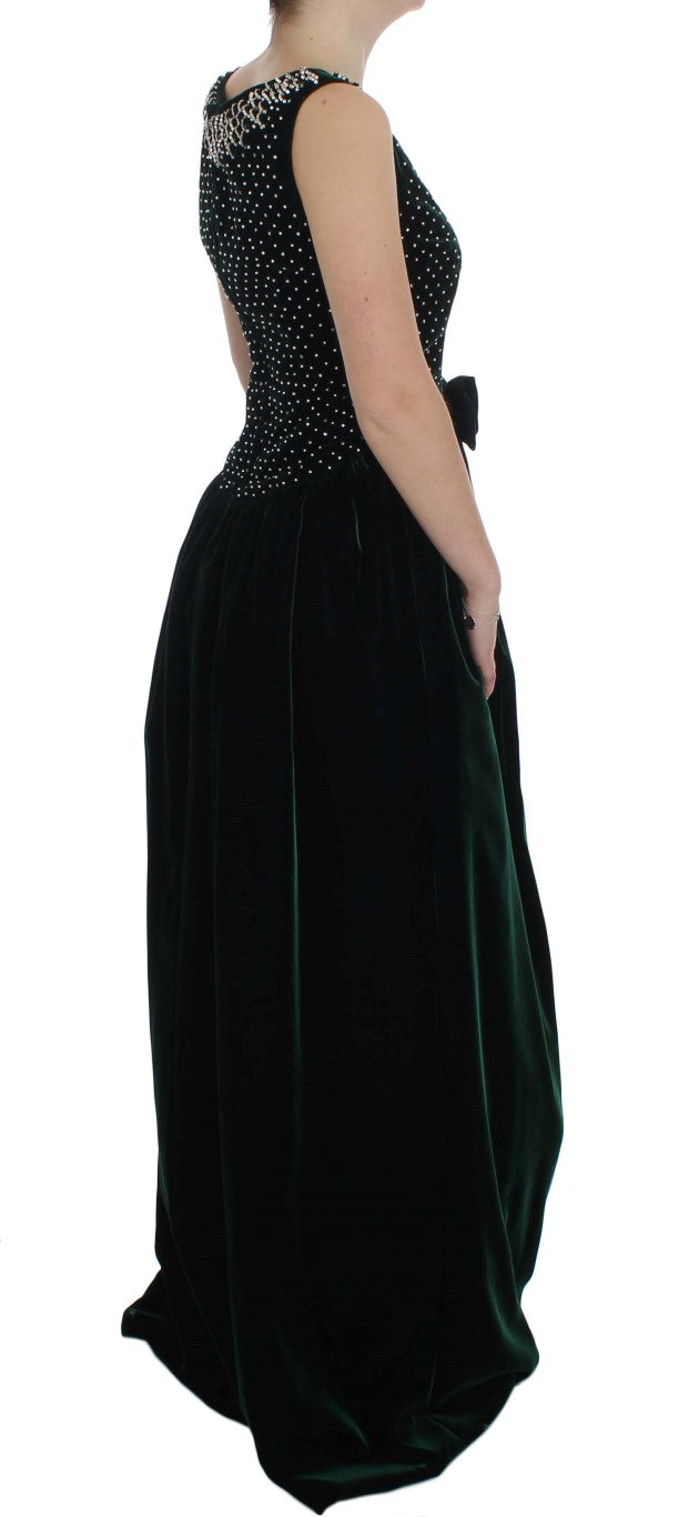 Grünes, langes Maxikleid aus Samt mit Kristallen