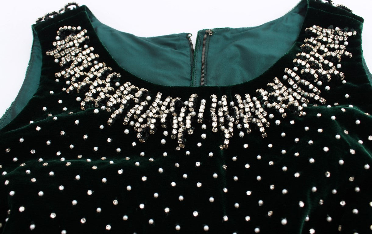 Grünes, langes Maxikleid aus Samt mit Kristallen