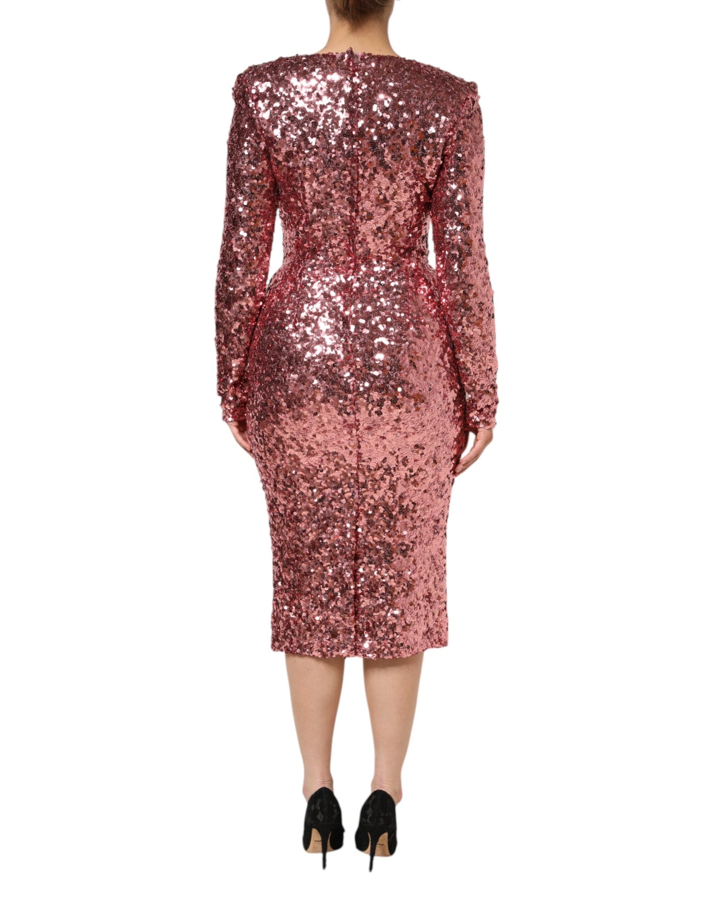 Pinkes, auffälliges Nylon-Midikleid mit V-Ausschnitt und Pailletten