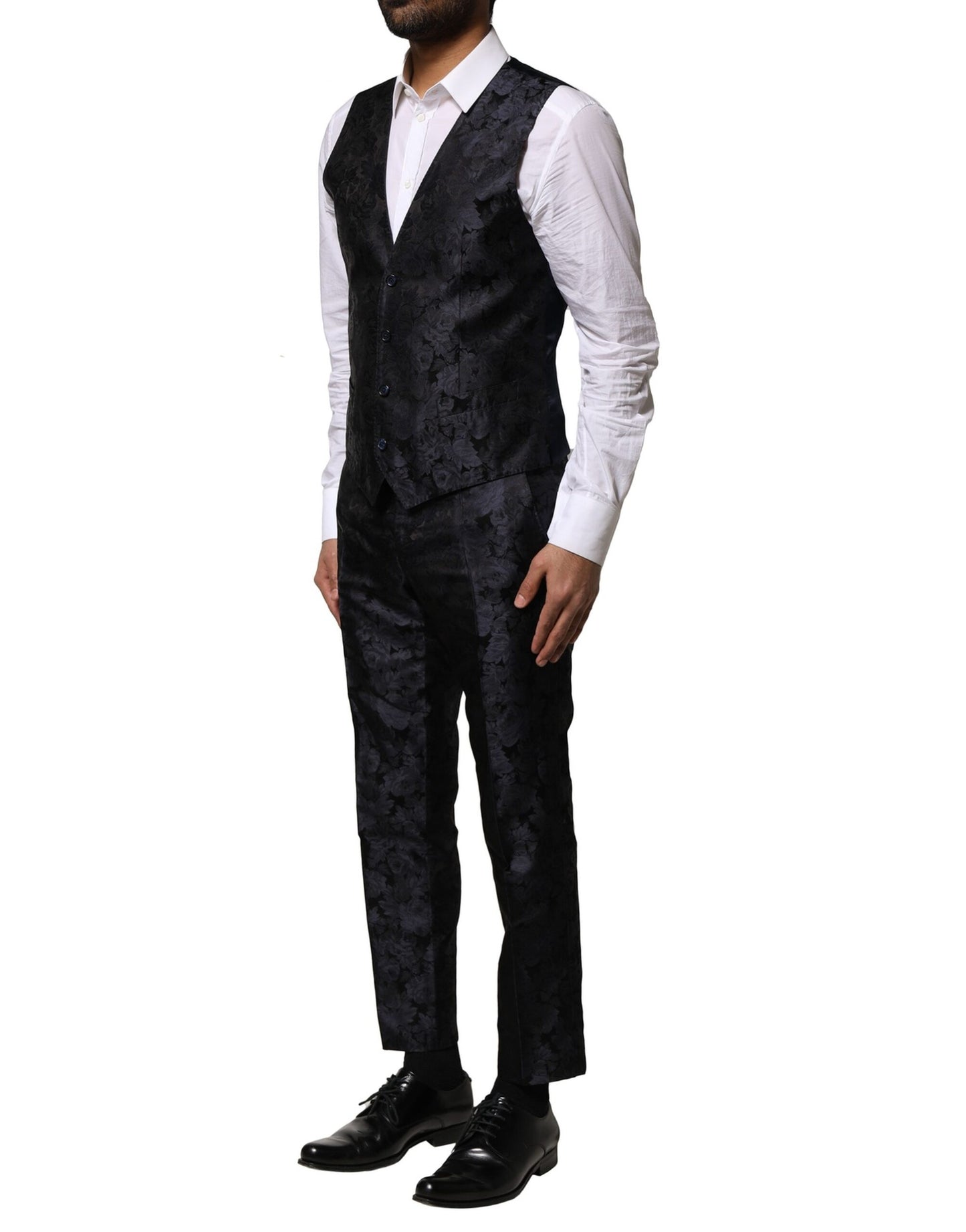 Schwarzer, einreihiger 3-teiliger Jacquard-Anzug