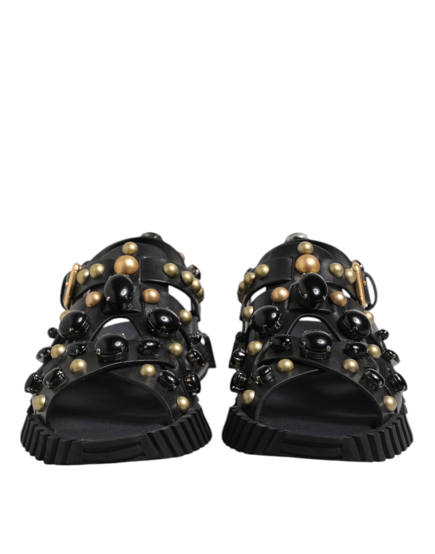 Schwarze Sandalen aus Leder mit Knöchelriemen und Nieten