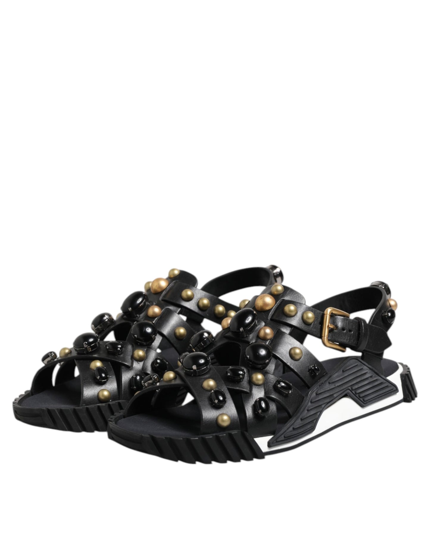 Schwarze Sandalen aus Leder mit Knöchelriemen und Nieten